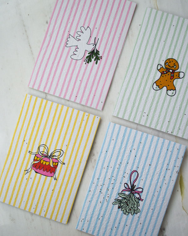 4 Pack Greeting Cards - Christmas Stripes