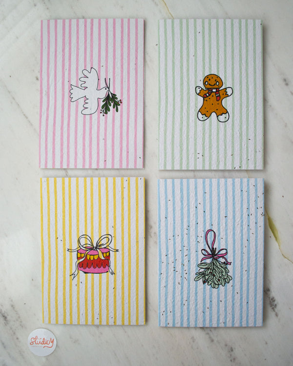 4 Pack Greeting Cards - Christmas Stripes